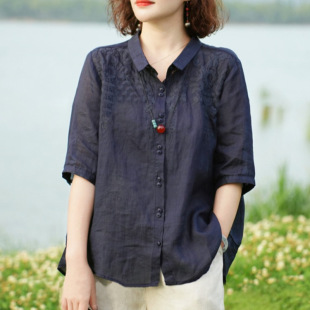 夏季 薄款 珍布同上衣女士新款 中年妈妈大码 潮 短袖 苎麻Polo领衬衫