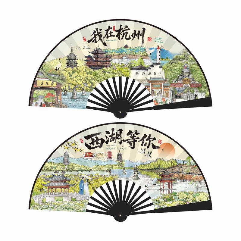 10寸杭州西湖折扇绢布网红扇子图片