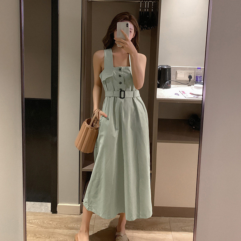 Dress 2019 new pattern Self cultivation Versatile Paige Korean Edition Mid length version Frenum Waist Suspender skirtin the Women's clothing/Boutique , Dress  category - from Buy2taobao.com to provide professional Taobao agent buy service