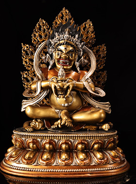 藏传黄铜鎏金银彩绘描脸护法玛哈嘎拉佛像居家佛堂供奉大摆件38cm