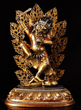 藏传黄铜鎏金银彩绘描脸护法玛哈嘎拉佛像居家佛堂供奉大摆件38cm