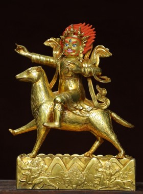 藏传黄铜鎏金彩绘描脸骑兽金刚手佛像摆件居家堂供奉香案用品37㎝
