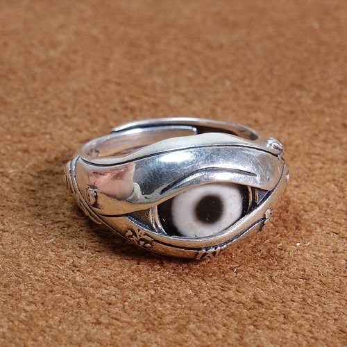 S925银托一眼玛瑙天珠戒指复古手指环民族风活口男女戒饰品11mm