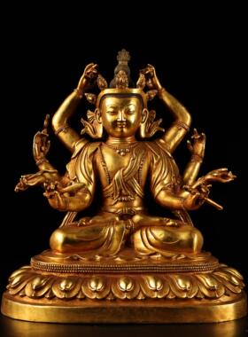 藏传黄铜仿古鎏金八臂观音菩萨度母站佛摆件居家堂香案用品35cm
