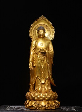 藏传黄铜鎏金仿古释迦牟尼阿弥陀佛站像居家佛堂大摆件室用品47㎝