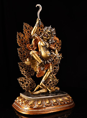 藏传黄铜鎏金银彩绘描脸护法玛哈嘎拉佛像居家佛堂供奉大摆件38cm