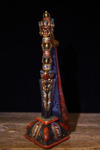 藏传铜胎纯手工普巴金刚杵橛老法器座菩提根手工錾刻描彩饰品35cm