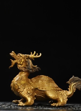 仿古黄铜鎏金龙龟兽商铺茶道用品居家玄关摆件饰品工艺礼品21cm