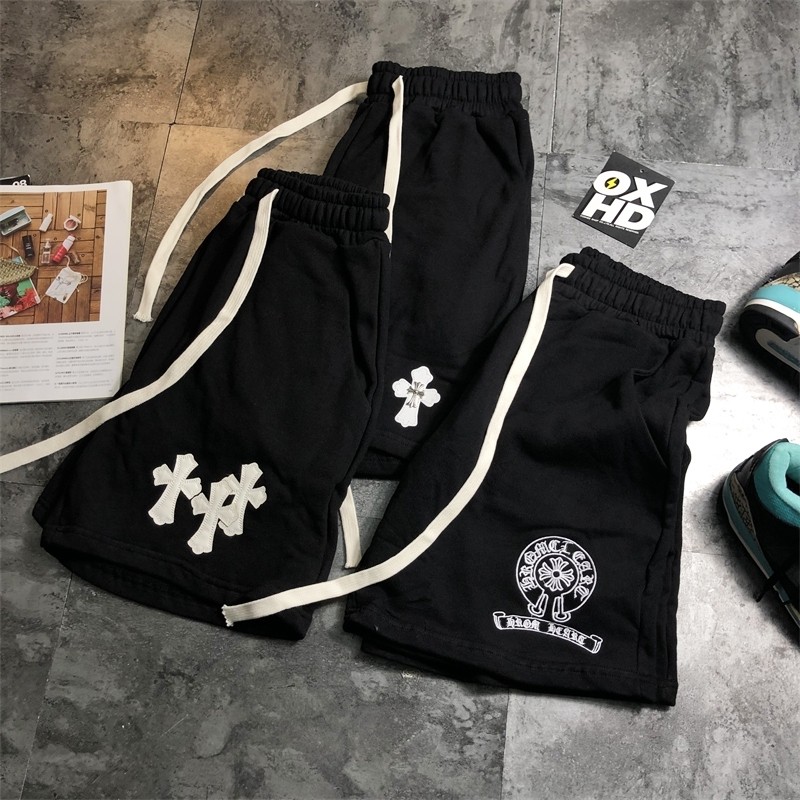 ins欧美时尚爆款fog高街风吊绳立体贴布绣花十字架潮纯棉五分裤子