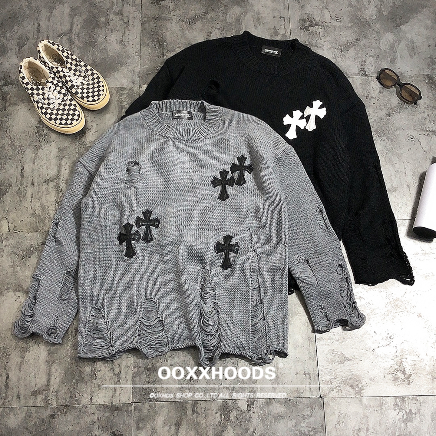 “拉丝破洞穿窿”贴皮十字架毛衣
