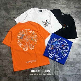 T恤 全刺绣花重叠马蹄十字架彩色符文宽松os女男友bf下身失踪短袖