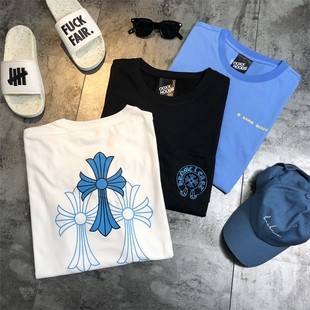ins忧郁蓝色十字架马蹄符文几何logo欧美时尚 T恤 休闲潮牌男女短袖