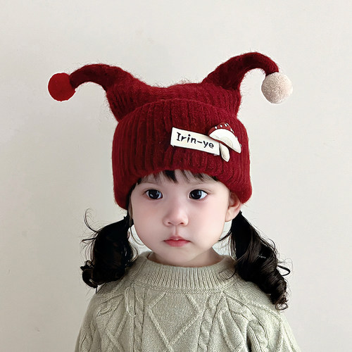 女童毛线帽儿童帽子秋冬季搞怪小恶魔宝宝针织帽男童套头帽保暖帽