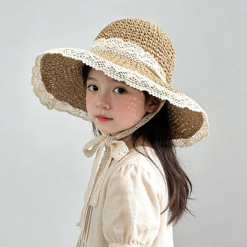 儿童防晒帽夏季女童宝宝帽子草帽渔夫帽小孩遮阳帽海边沙滩太阳帽