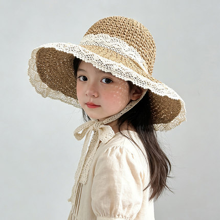 儿童防晒帽夏季女童宝宝帽子草帽渔夫帽小孩遮阳帽海边沙滩太阳帽