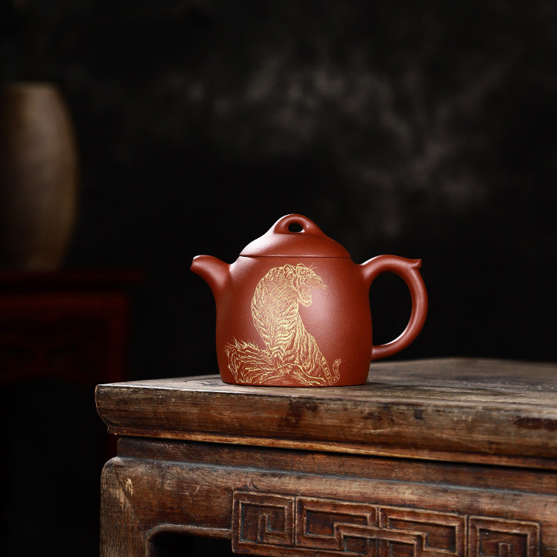 宜兴紫砂壶名家半手工原矿红清水泥秦权壶刻绘大容量家用泡茶壶