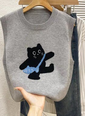 全纯棉儿童毛衣马甲2025春秋款男女童卡通小猫针织背心秋装男童打