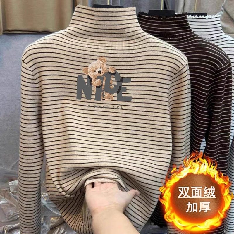 全纯棉男女儿童半高领双面德绒条纹长袖t恤大童秋冬加厚磨毛保暖