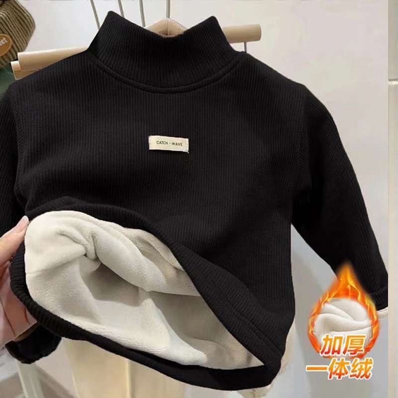 全纯棉加绒加厚儿童德绒打底衫T恤秋冬季男童女童半高领一体绒上