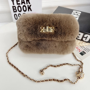 獭兔毛包包2024新款 单肩斜挎包 秋冬皮草女包小香风链条包百搭时尚