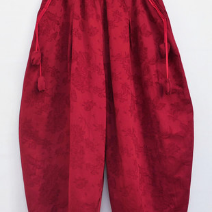 大码厚休闲裤花苞裤新款提花缎里衬松紧腰口袋吊穗宽松肥大女秋冬