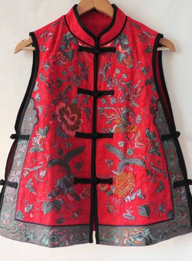 重工刺绣马甲背心棉麻盘扣侧面全开系扣民族风新款女装春秋冬圆领