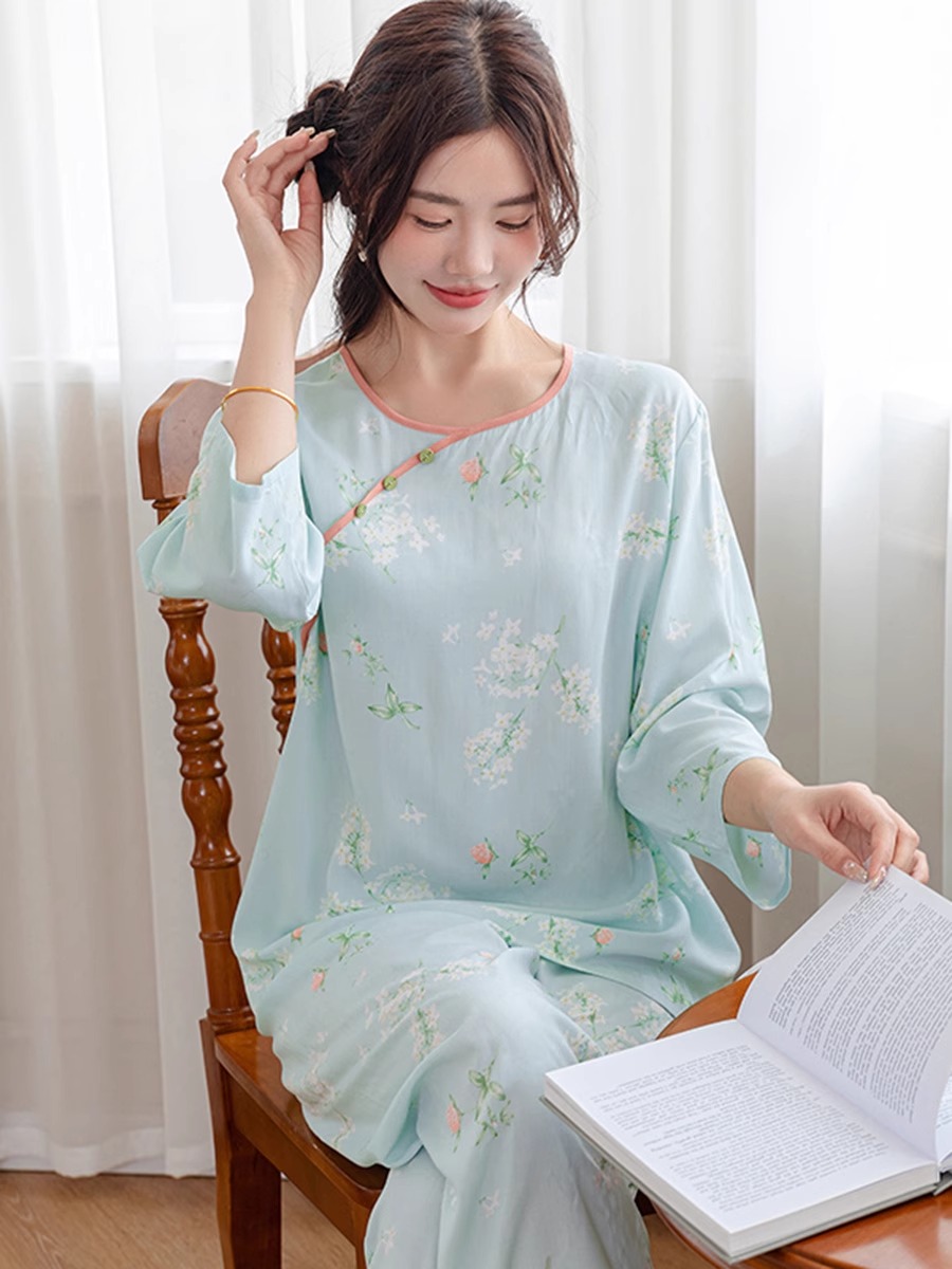 睡衣女春秋款绵绸新中式家居服可外穿国风款空调房棉绸套装夏大码