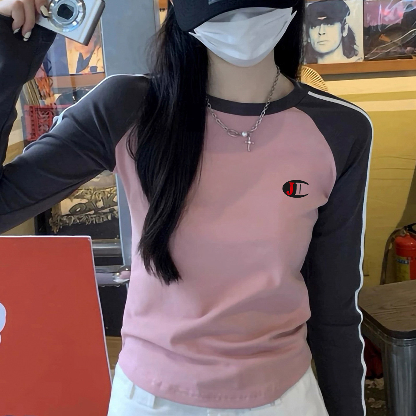 季冠军秋冬新款条纹套头修身显瘦插肩袖运动长袖T恤打底衫上衣女