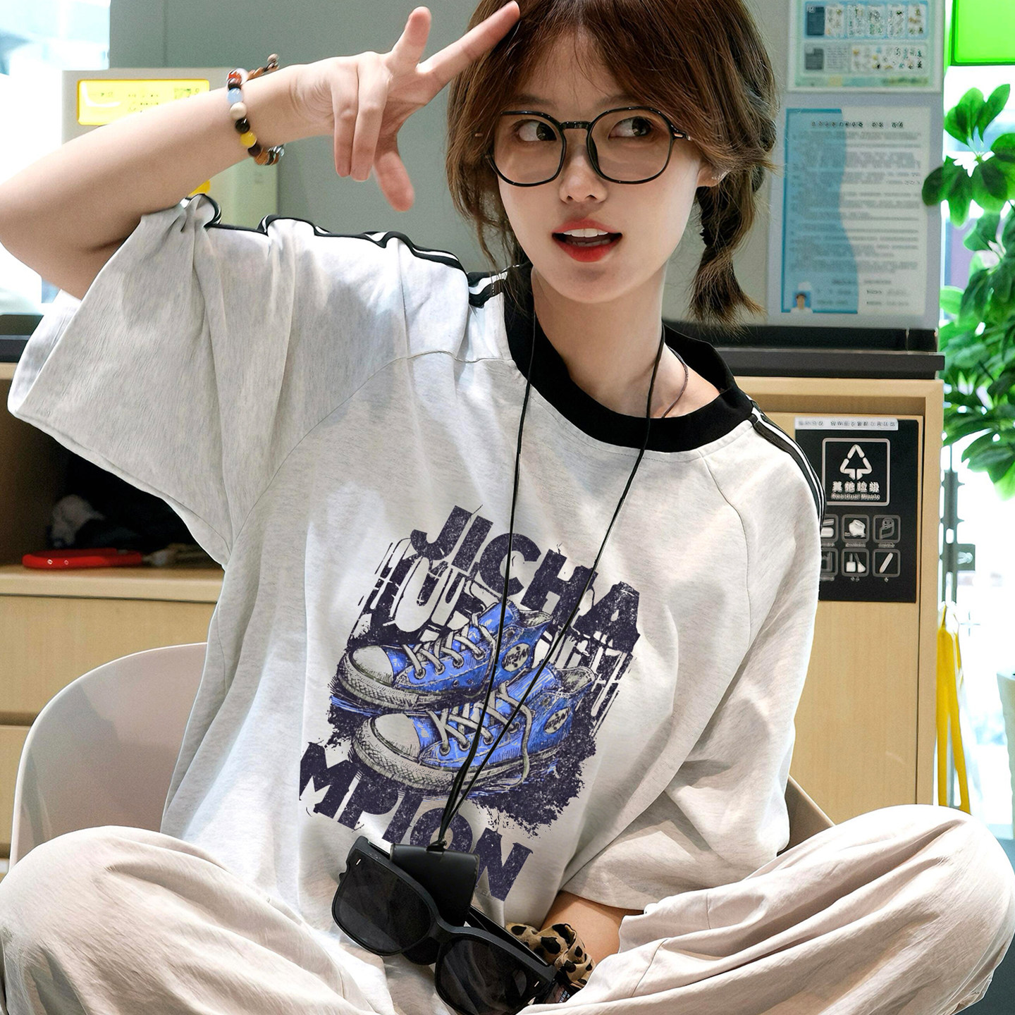 夏季冠军纯棉潮流街头印花短袖T恤男女宽松百搭运动圆领情侣上衣