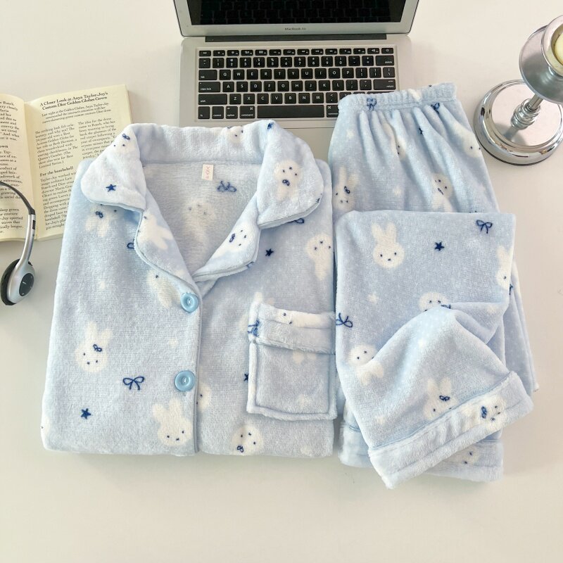 可爱风法兰绒睡衣女冬季加厚保暖开衫式家居服套装卡通