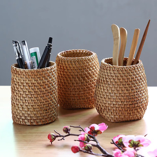 越南手工秋藤编茶道配件储物文具化妆笔筒收纳盒毛笔筒摆件收纳筒