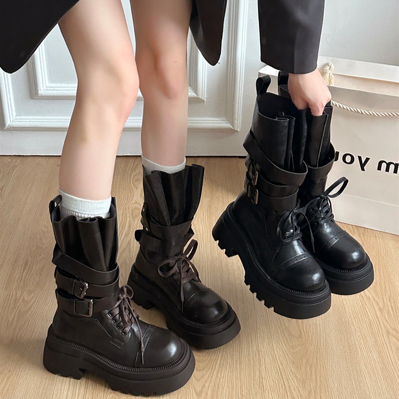 美拉德棕色马丁靴女款2025新款秋季靴子英伦厚底增高西部牛仔短靴