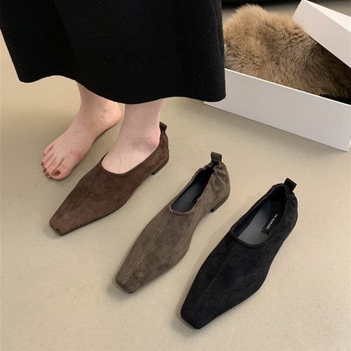 美拉德法式复古气质单鞋女平底2023新款秋冬绒面一脚蹬休闲豆豆鞋