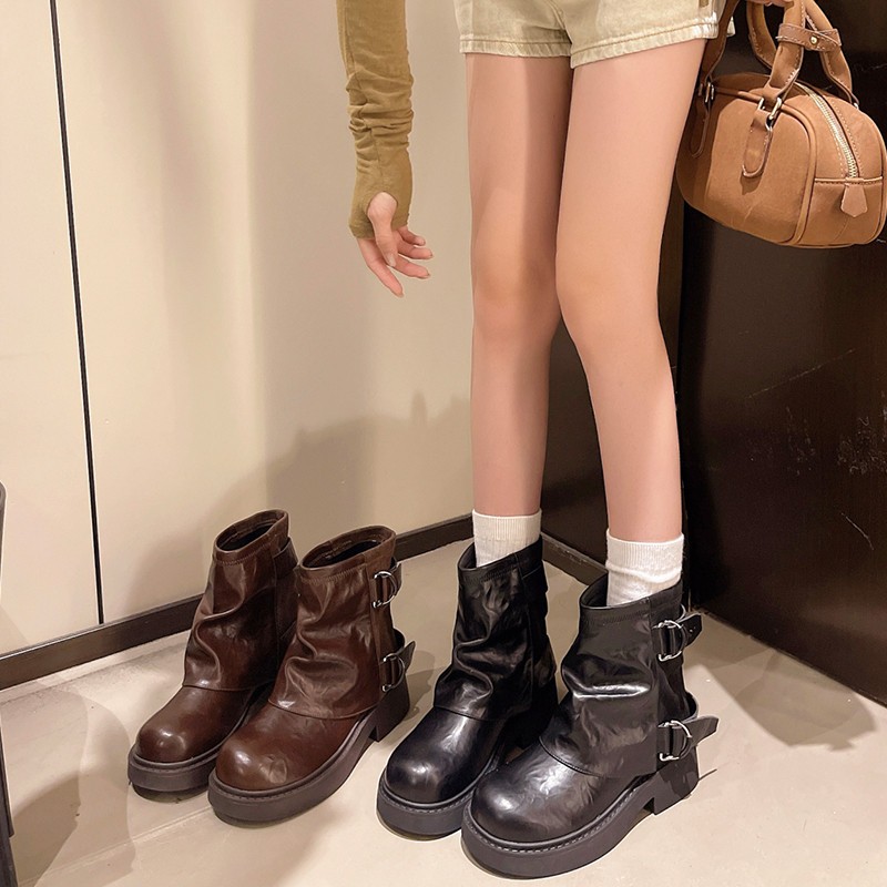 美拉德棕色靴子马丁靴女英伦风2025新款秋冬厚底增高裤管堆堆短靴