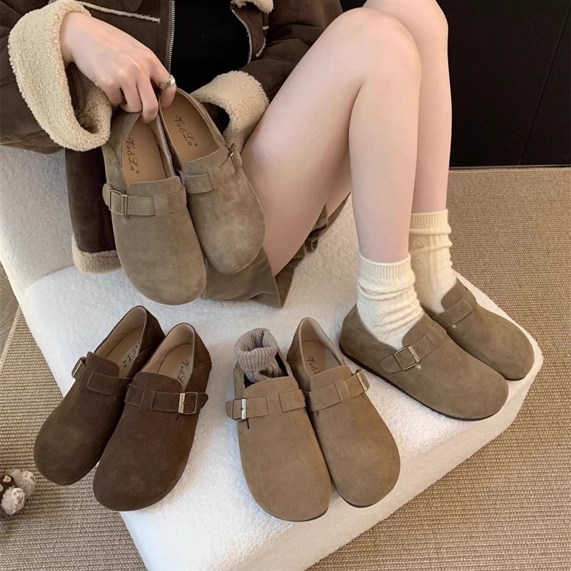 真牛皮软平底勃肯鞋女加绒保暖春秋冬季新款复古丑萌单鞋子一脚蹬