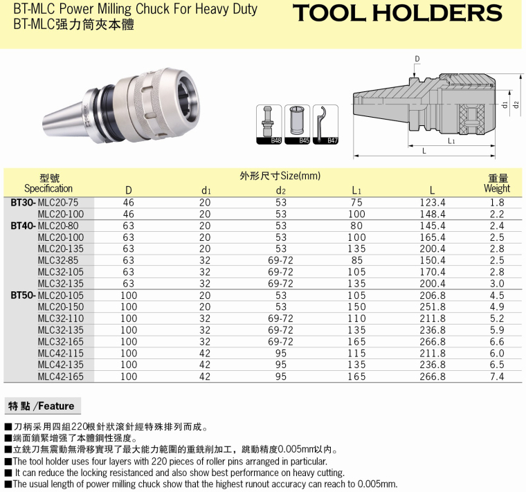 德克高速精密强力夹头 BT40-MLC20-80G CNC刀柄BT40-C32-105刀柄