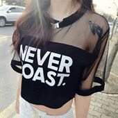 韩版 t恤衫 夏装 2022新款 女装 上衣性感透视拼接网纱高腰短袖 露脐装