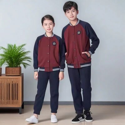 定做春秋小学生酒红色拼接深蓝色校服上衣长袖运动学院风宽松休闲