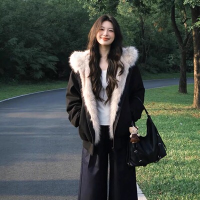 座山雕毛茸茸毛领棉服外套男女加绒加厚夹克美式cleanfit冬季棉衣