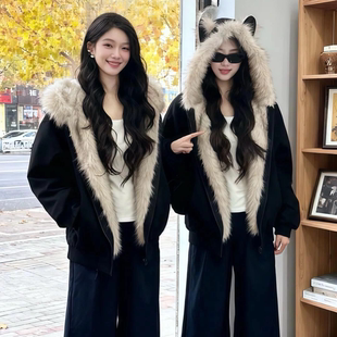 座山雕猫耳加厚外套女装2025新款冬季美式巨好看棉衣韩式短款棉服