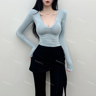 经典亨利衫!面料巨舒服~带垫肩薄款性感显身材长袖T恤内搭打底衫