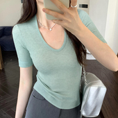 显瘦T恤上衣2024夏新款 修身 小众薄荷绿水滴领性感短袖 就是很好看
