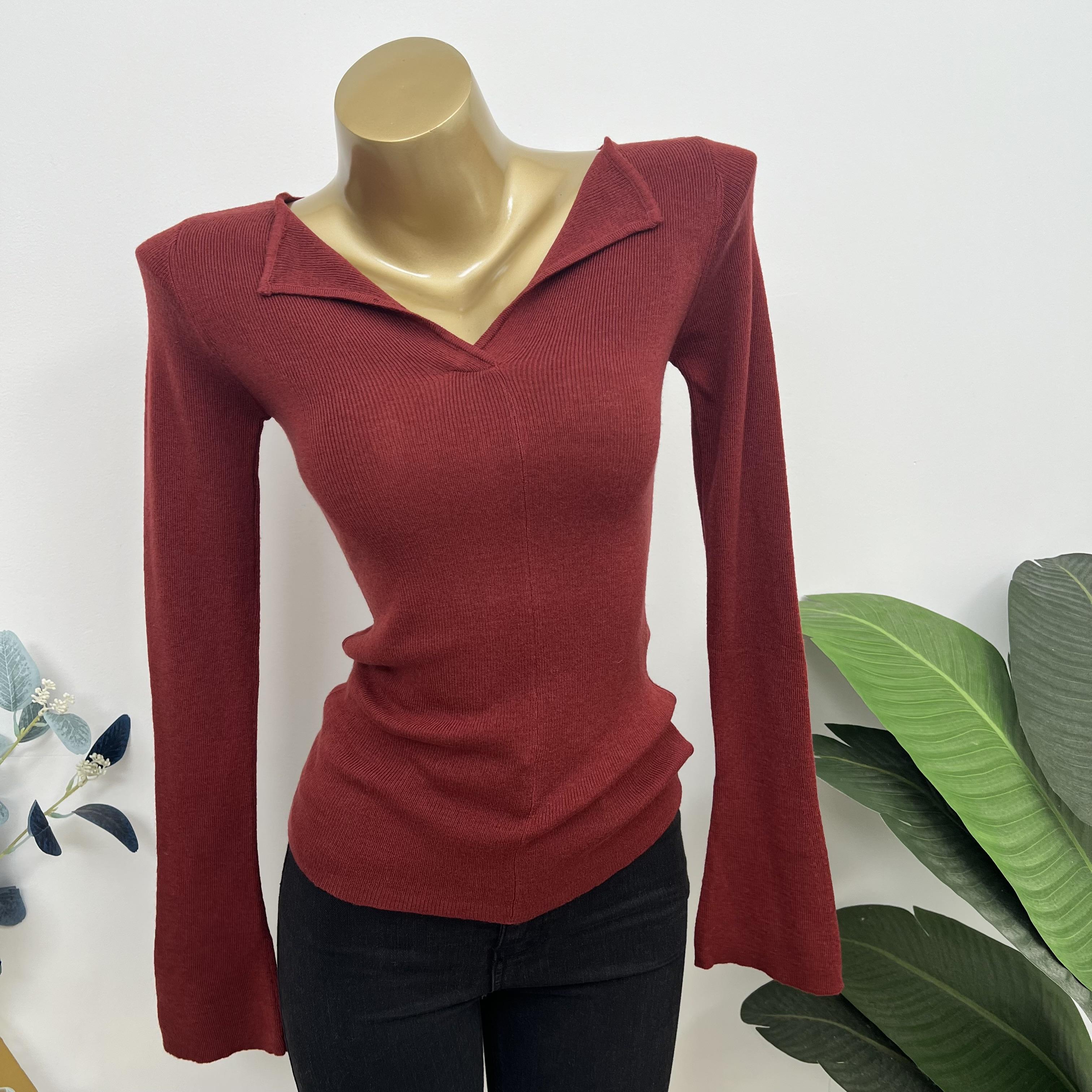 欧货小翻边半开领纯色羊毛打底衫