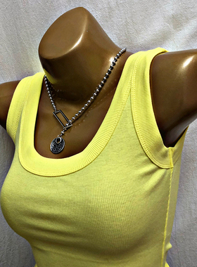 INS爆款 遮副乳bi备 U领修身显瘦无袖打底背心内搭黄色吊带夏季女