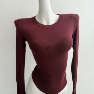 内搭打底衫 柔软基础款 T恤韩版 透感长袖 百搭小圆领带肩垫纯色薄款