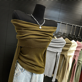 值得入 弹力打底上衣 T恤秋时髦修身 韩版 纯欲小心机性感一字领长袖