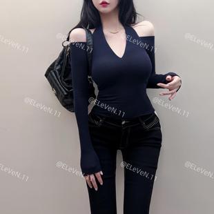 T恤设计感秋冬打底衫 露肩挂脖显瘦长袖 女 谁穿谁性感 内搭没输过