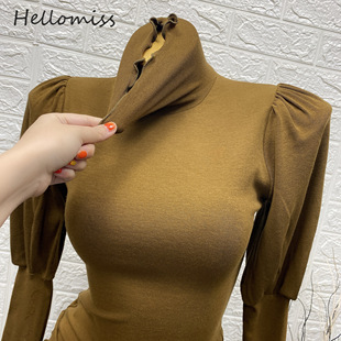 显瘦打底衫 修身 T恤2020 韩国INS女秋冬泡泡袖 复古波浪边