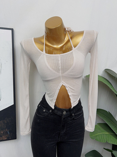 透视挂脖假两件长袖 纯欲性感ins薄款 T恤上衣内搭打底 拉满 氛围感