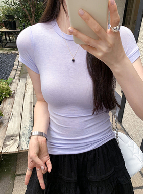 紫色也很有韵味~小圆领性感紧身显瘦微透短袖上衣正肩T恤内搭打底